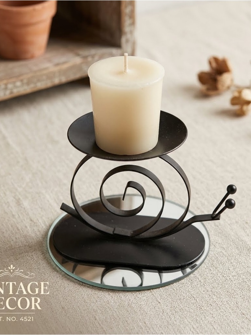 Vintage Metal Snail Candle Holder with Vanilla Votive Candle Round Mirror Base